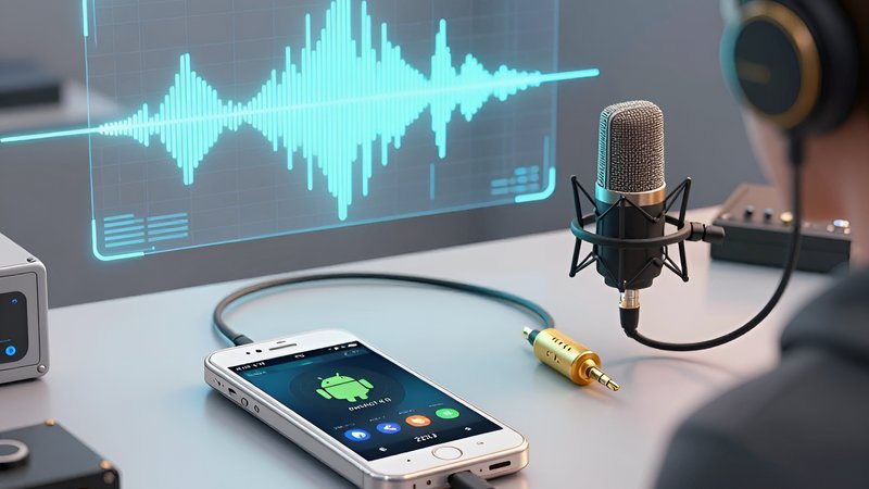 Ретро-смартфон и студийный микрофон в футуристичном интерьере для сравнения методов записи звука Android 2026